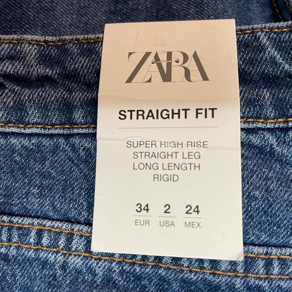 NWT Zara Straight Fit Super High Rise Long Length Rigid Dark Blue Jeans - Picture 4 of 11